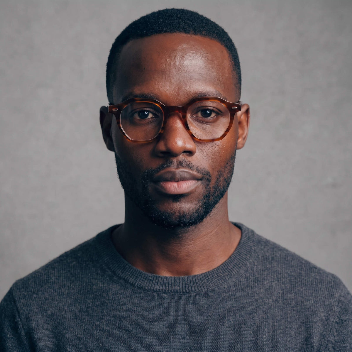 A man with short black hair and a trimmed beard wearing round brown oakwood 46mm eyeglasses and a dark gray crewneck sweater, photographed against a neutral textured gray background.