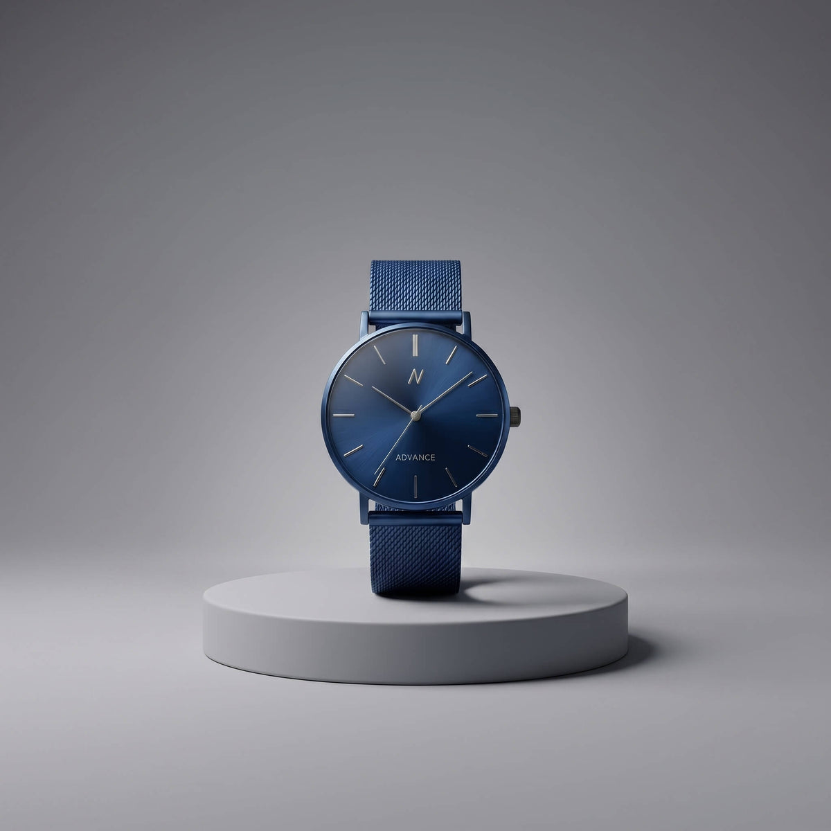 Advance Midnight Blue Quartz watch 36MM with blue sunburst dial on gray platform