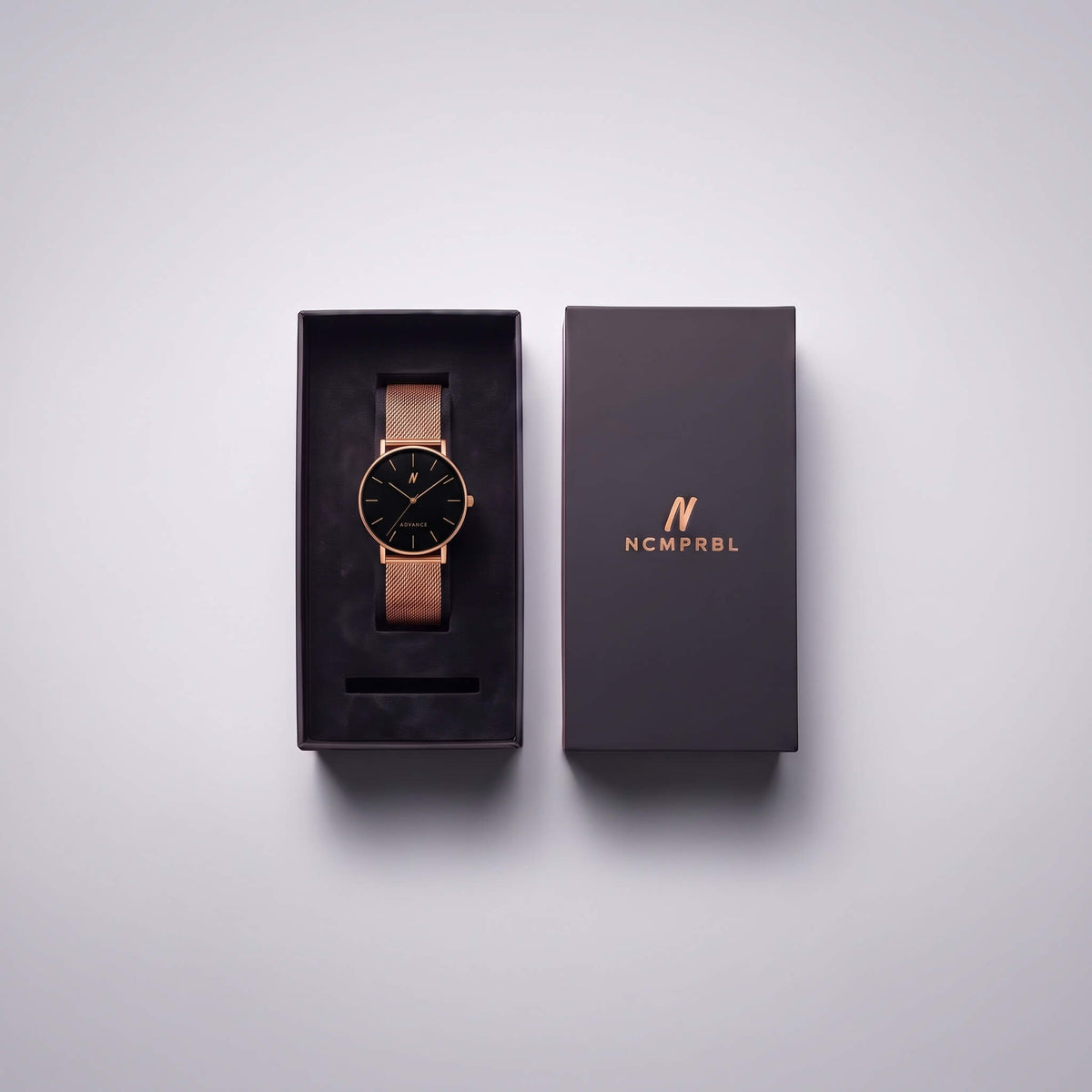 Advance CRWN rose gold quartz watch in sleek black luxury packaging with mesh band, try virtual watch on online studio