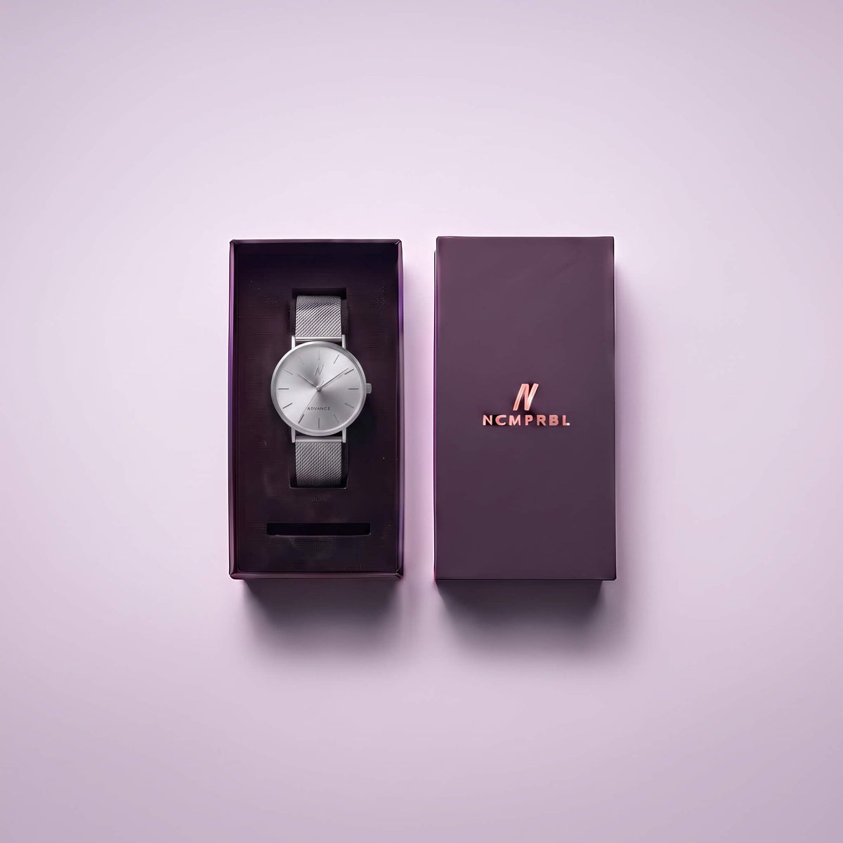 NCMPRBL Advance Hushed Silver 36MM watch in its presentation box