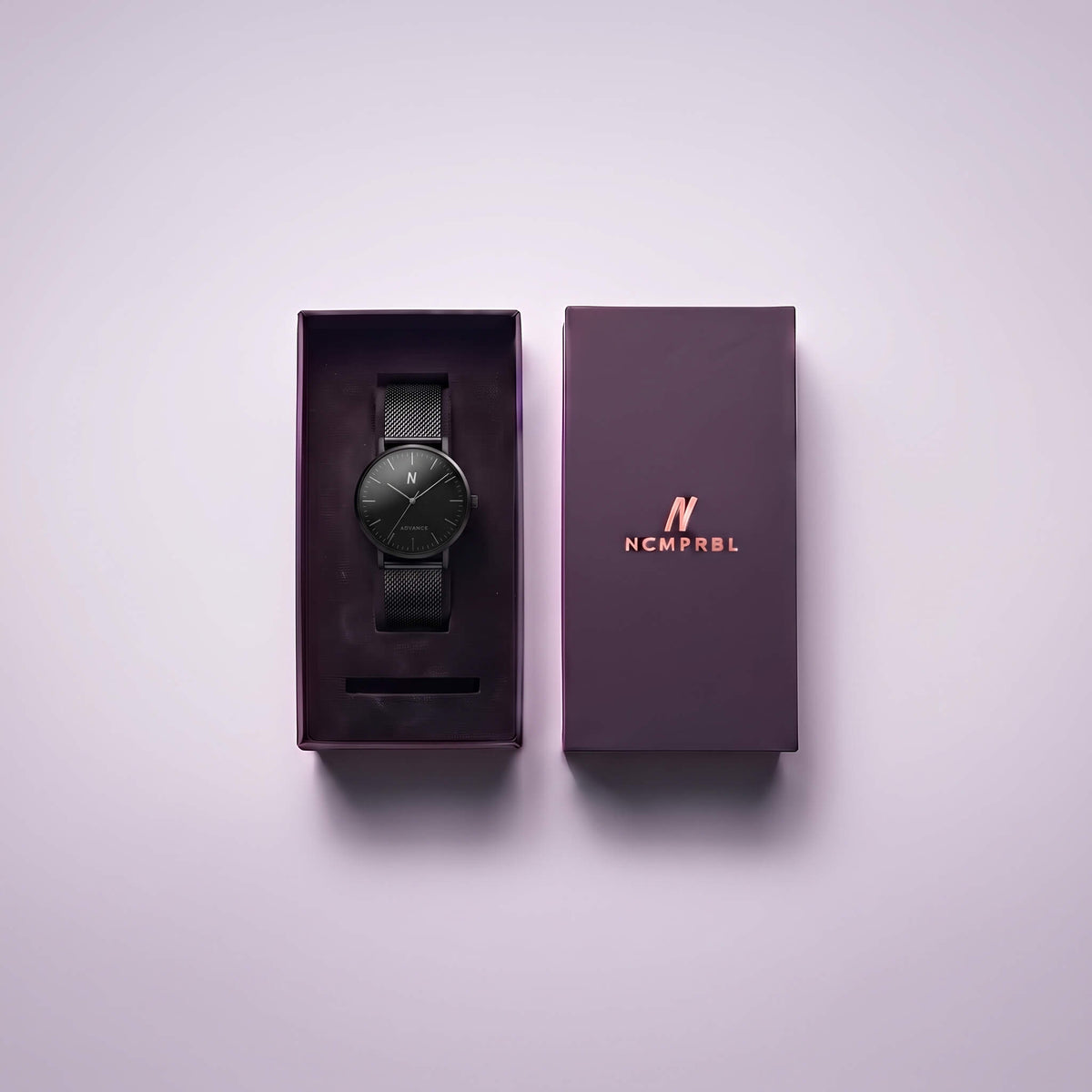 NCMPRBL Advance Black Sands 40MM watch in its presentation box