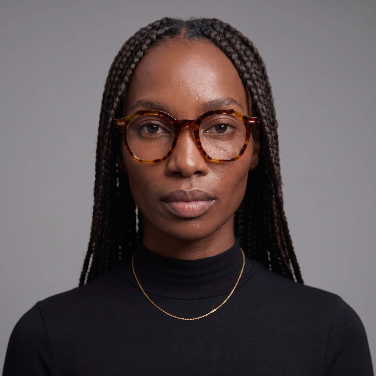 Dusk 46mm Brown Tortoise geometric eyeglasses on female model minimalist style
