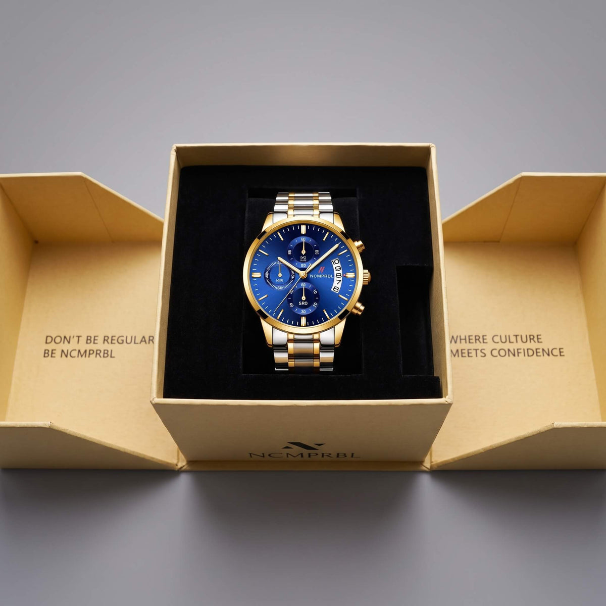Fab Five 43MM luxury mens watch blue dial silver gold case in gold box with NCMPRBL virtual try-on