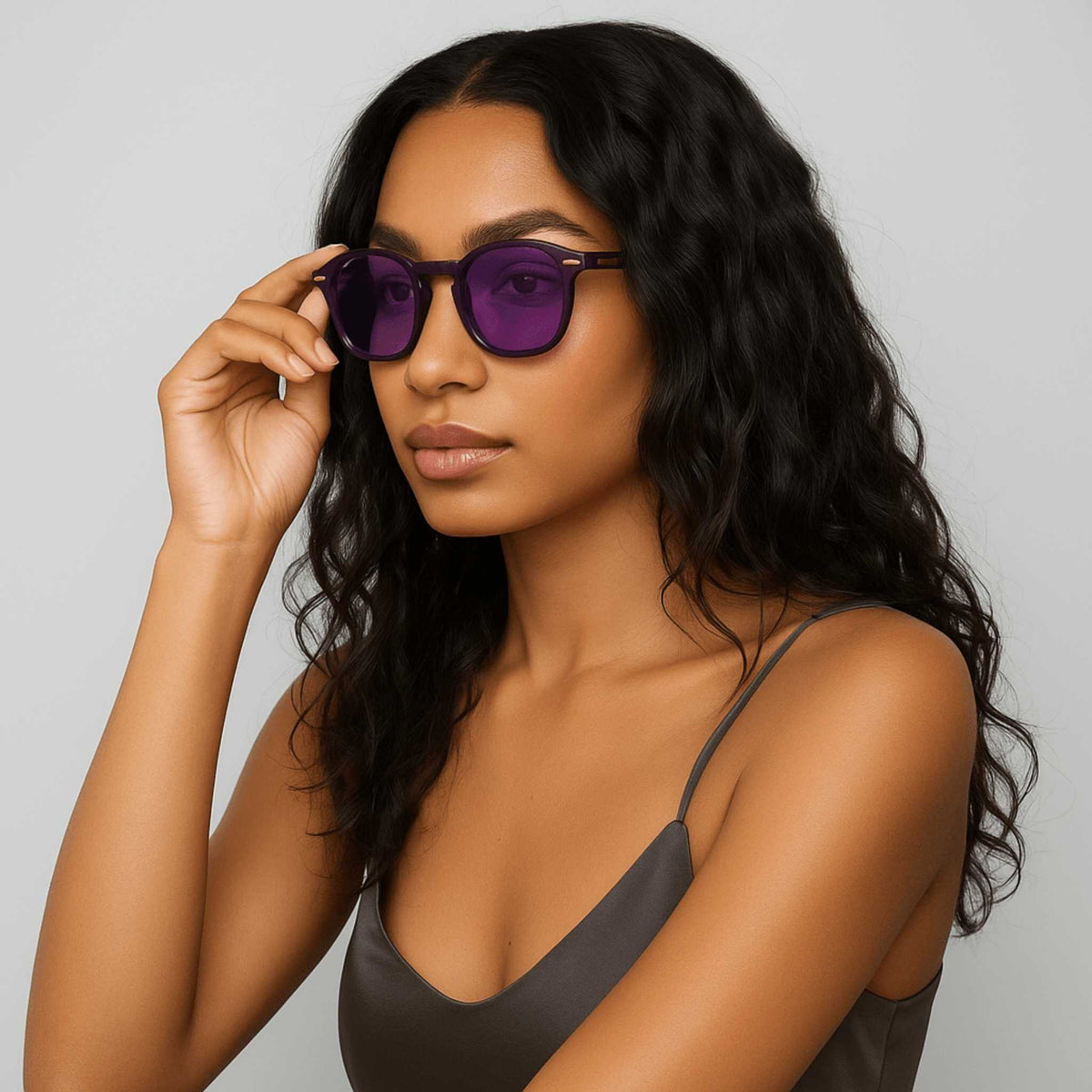 Woman wearing NCMPRBL Haze 46mm eyeglasses with amethyst-tinted lenses