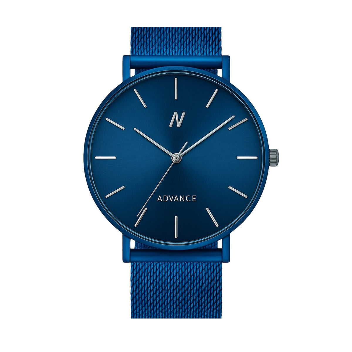 Advance Midnight Blue Quartz watch 36MM with silver case and blue mesh band on white background, try virtual watch on