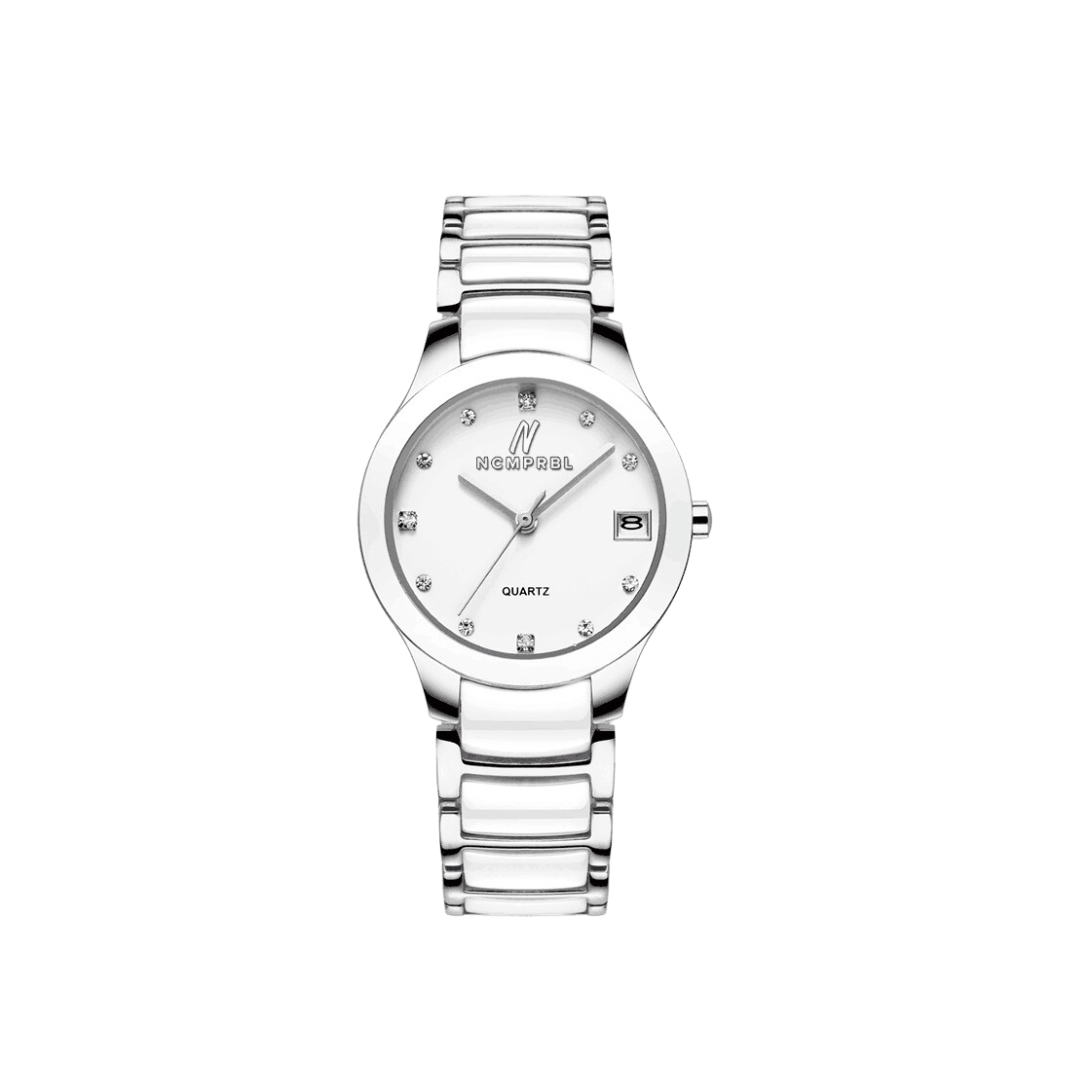 NCMPRBL Petite Link Reign 34mm white and silver ceramic watch, front view