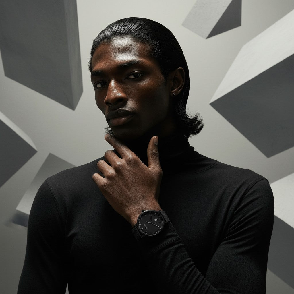Selection of NCMPRBL men's minimalist watches in stainless steel with mesh and link bands in gold, silver, black, and rose gold finishes.