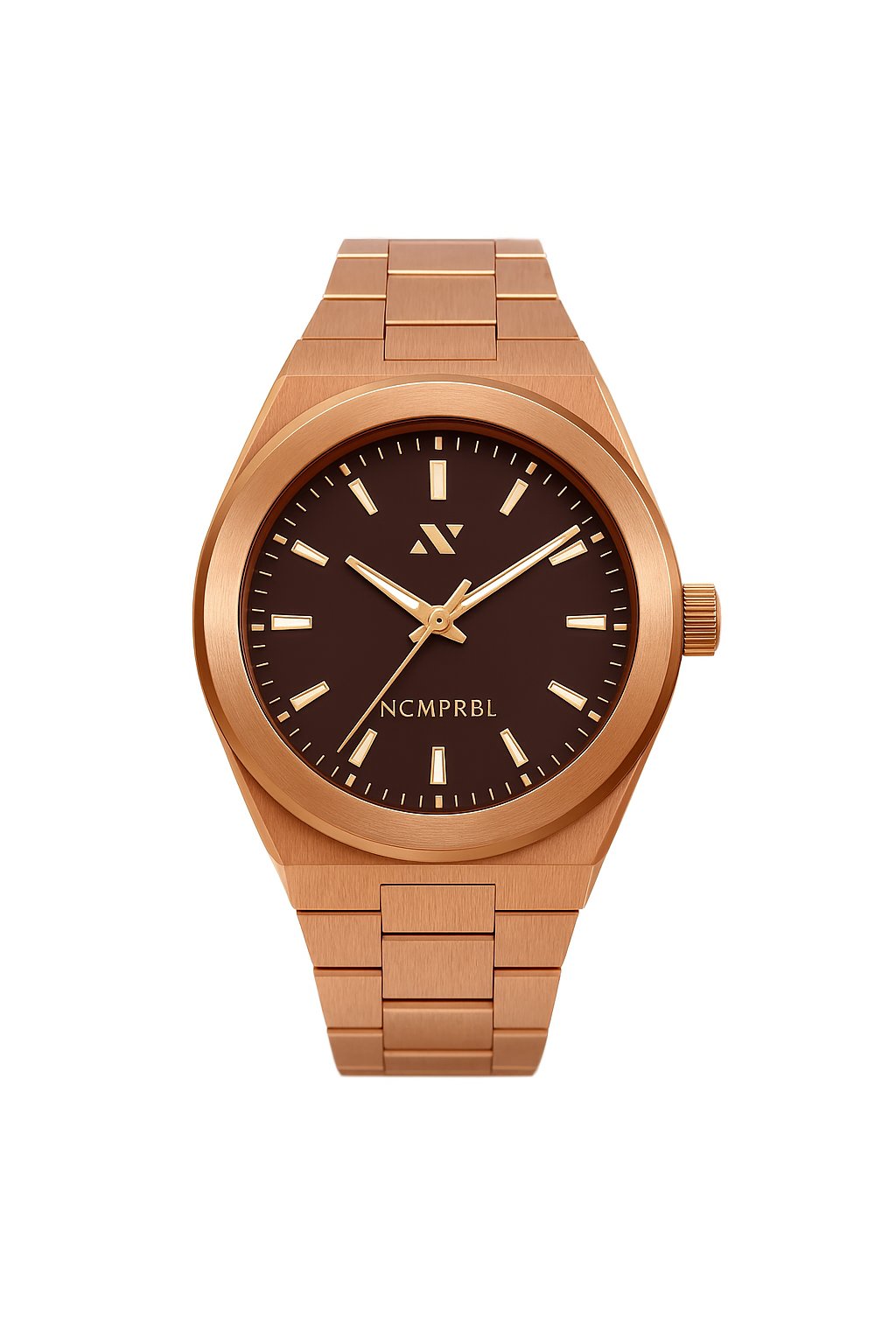 Collection of NCMPRBL rose gold watches for men and women, featuring stainless steel, mesh, and ceramic bracelets.
