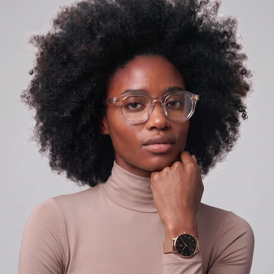 Advance CRWN 36MM rose gold unisex watch on female model wearing beige turtleneck, try virtual watch on online studio