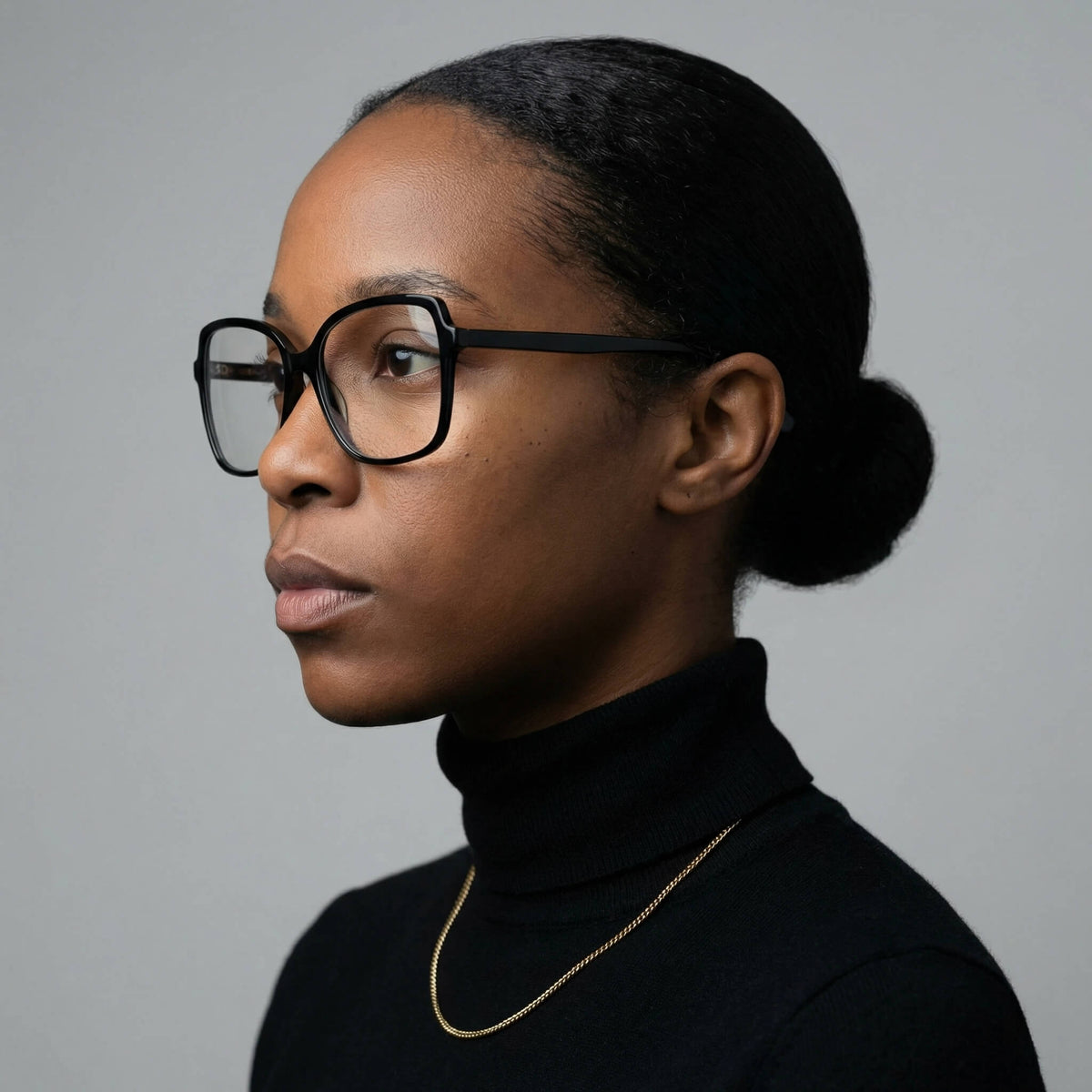 NCMPRBL Aura 01 black eyeglasses side profile on model highlighting unique design with virtual try-on available