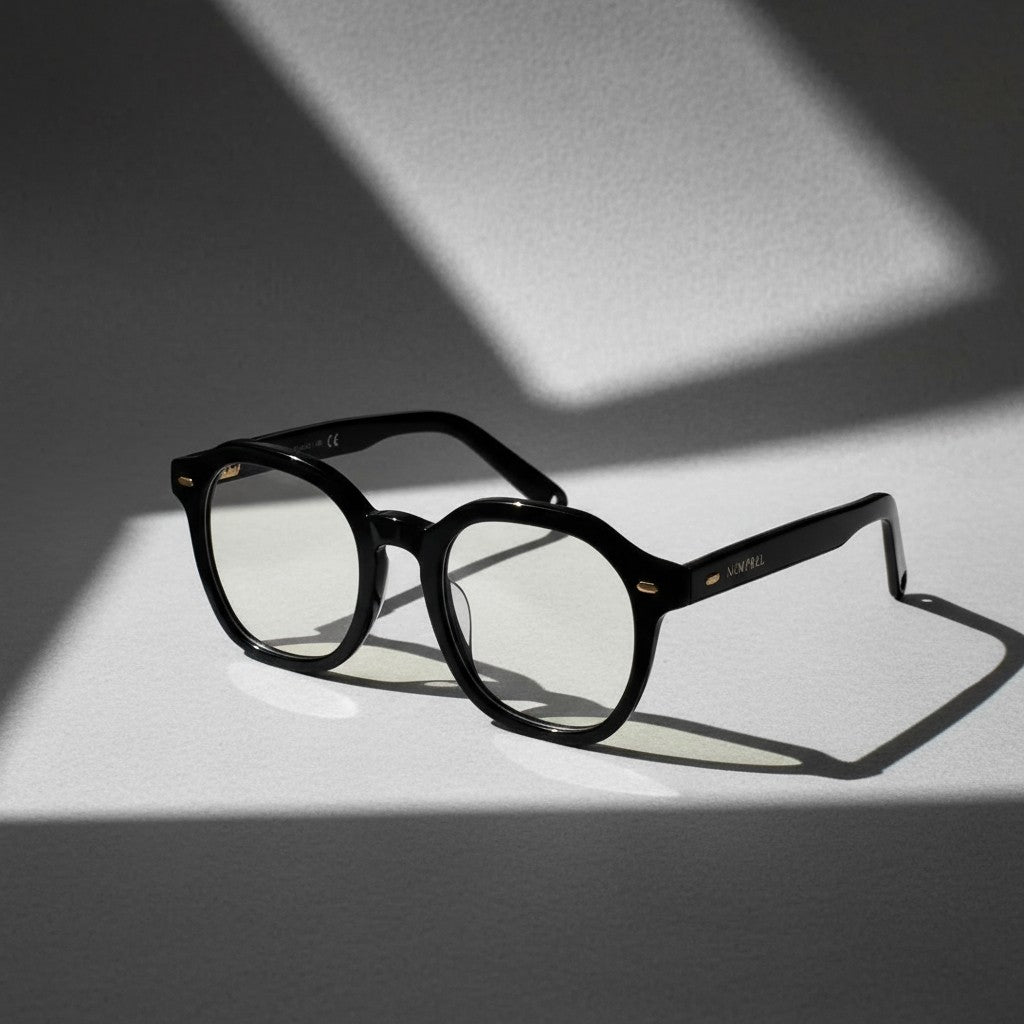 Elegant Focused 46mm Obsidian Black geometric eyeglasses presented on clean white background