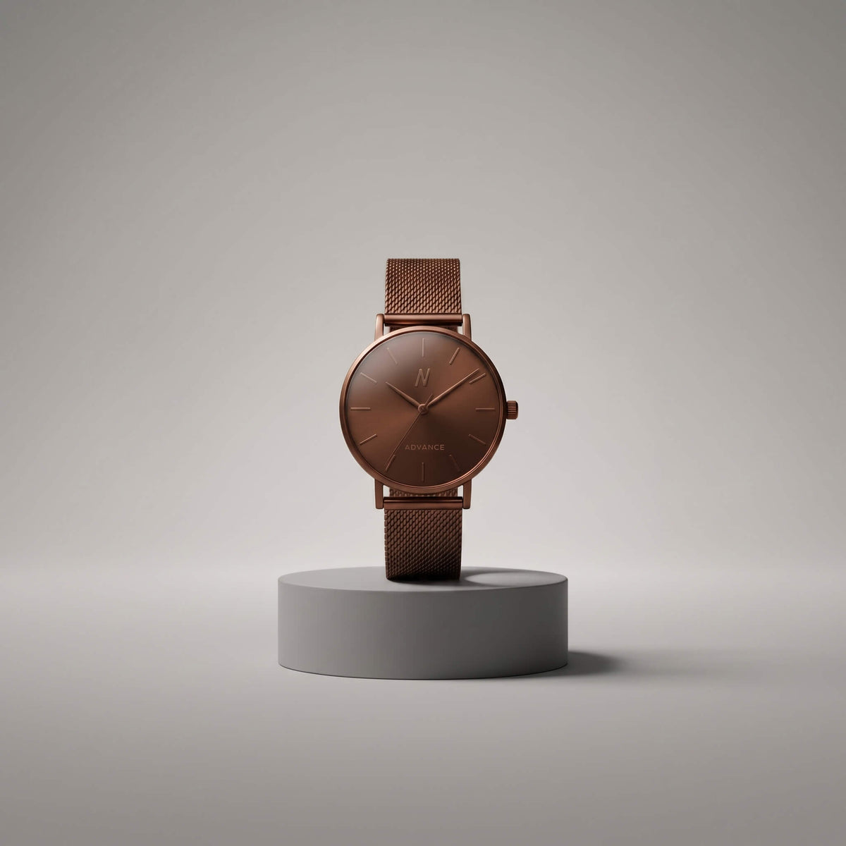 Advance Cocoa Quartz 36MM watch with brown rose gold dial and mesh bracelet
