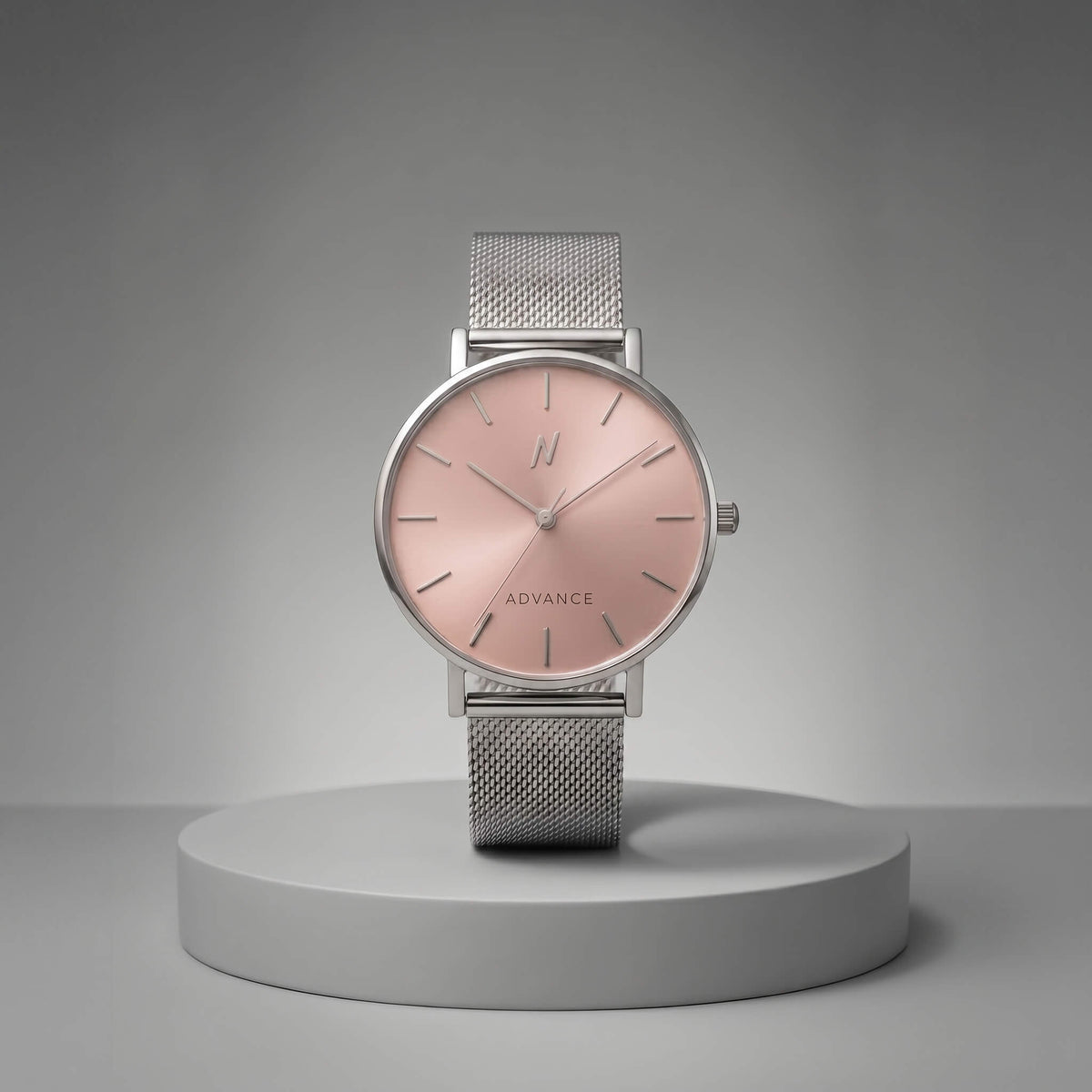 Advance Rose Clay Quartz 36MM luxury womens mesh watch with silver pink minimalist design