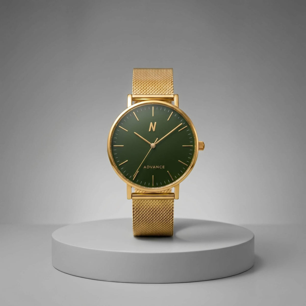 Advance Mineral Green 40MM gold-tone mesh watch with green dial and NCMPRBL logo, try-on available online