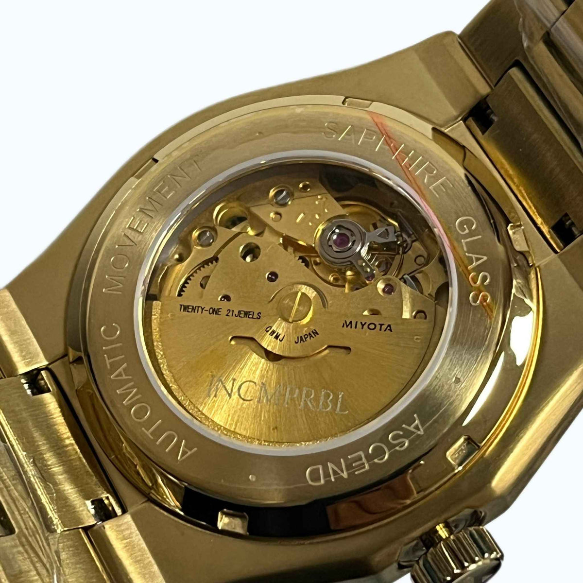 Exhibition caseback of an NCMPRBL Ascend automatic watch showing the Miyota movement