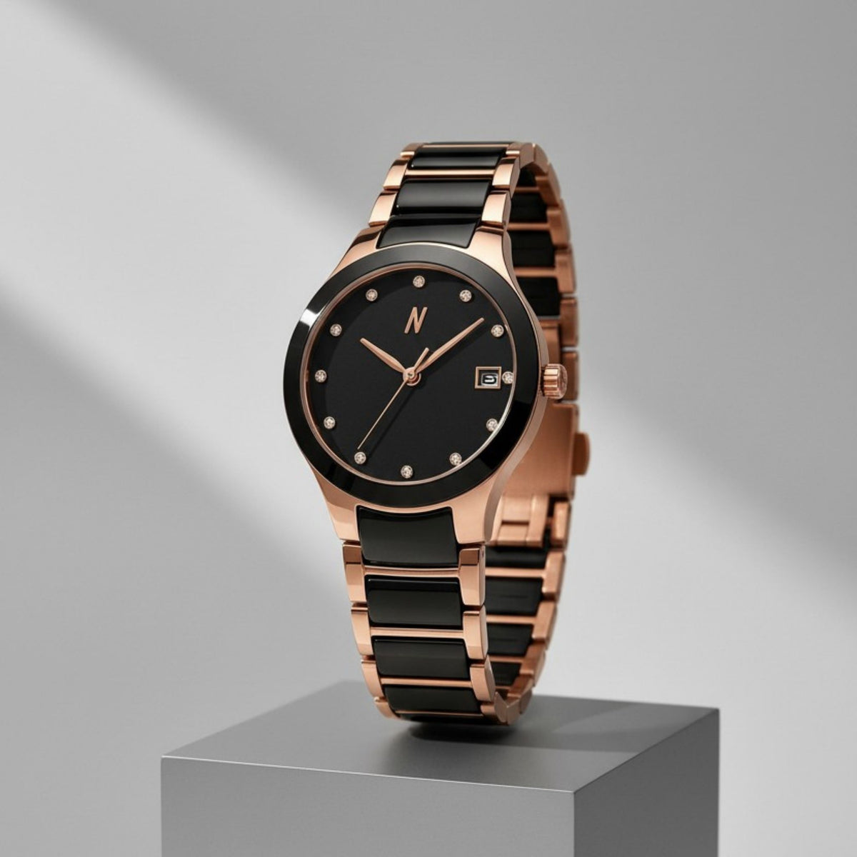 NCMPRBL Petite Link Miracle 34mm ceramic watch in black and rose gold