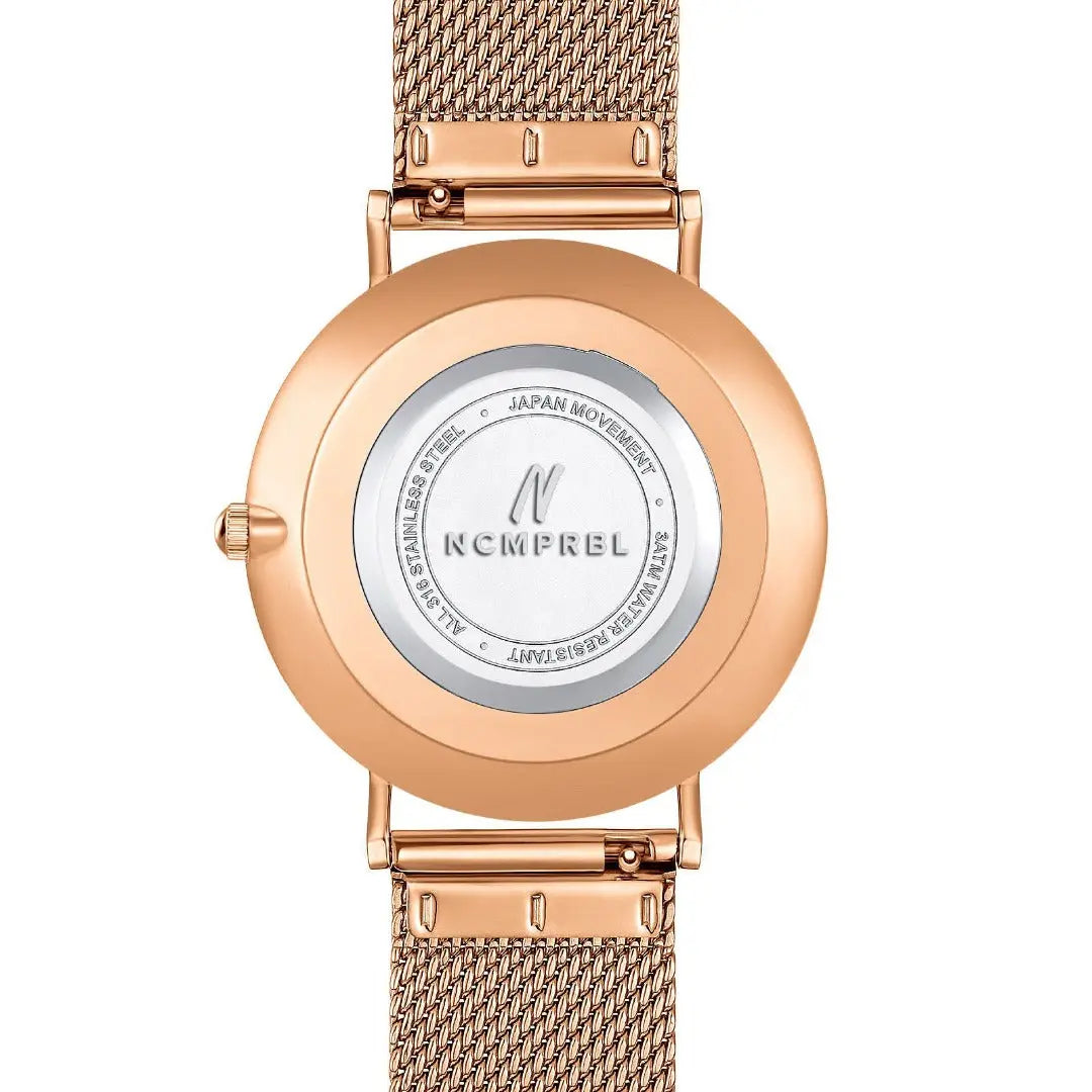 Advance CRWN 36MM quartz mesh watch in rose gold with black dial, minimalist luxury, try virtual watch on at NCMPRBL