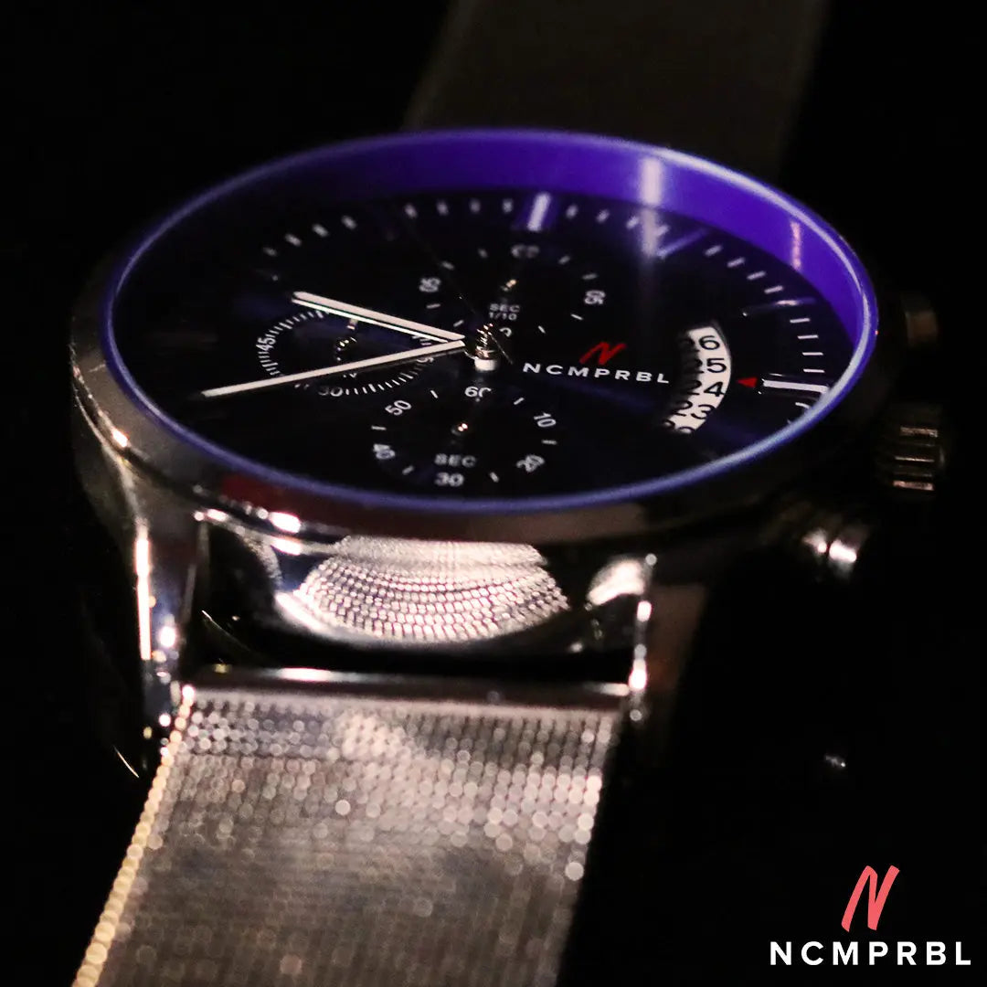 Blue Face Prolific 42 men's 43mm silver chronograph mesh watch with blue dial by NCMPRBL, try virtual try-on