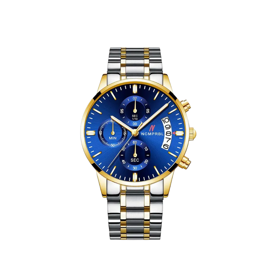 Chrono Blue Face Fab Five 43MM Mens Watch silver gold blue dial with NCMPRBL virtual try-on