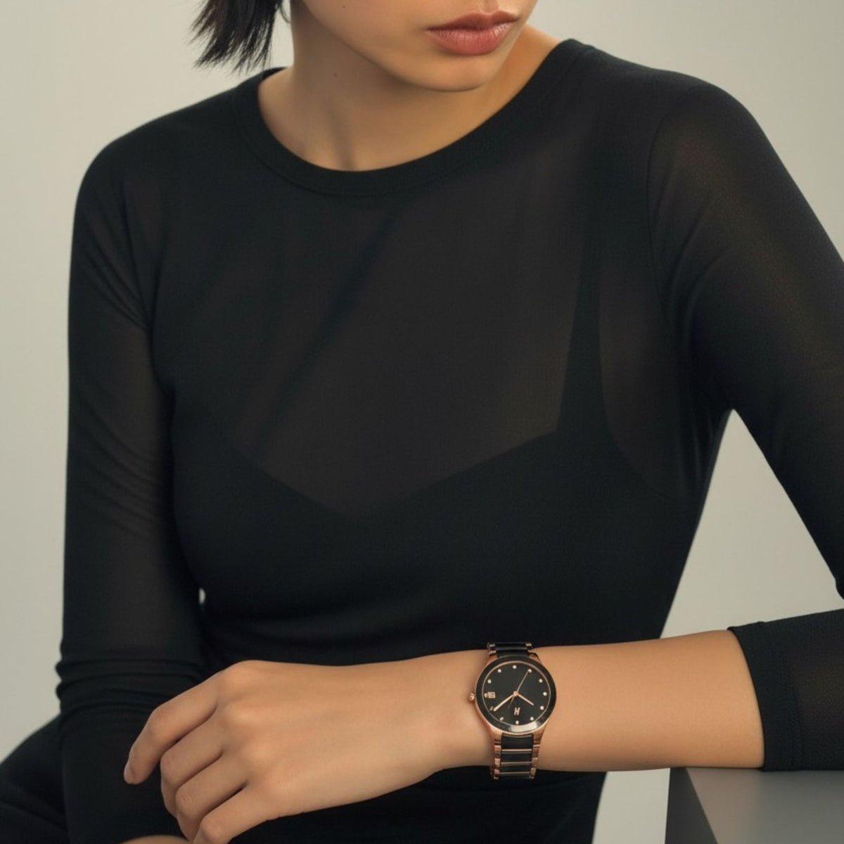 NCMPRBL Petite Link Miracle women's quartz watch, 34mm, angled view