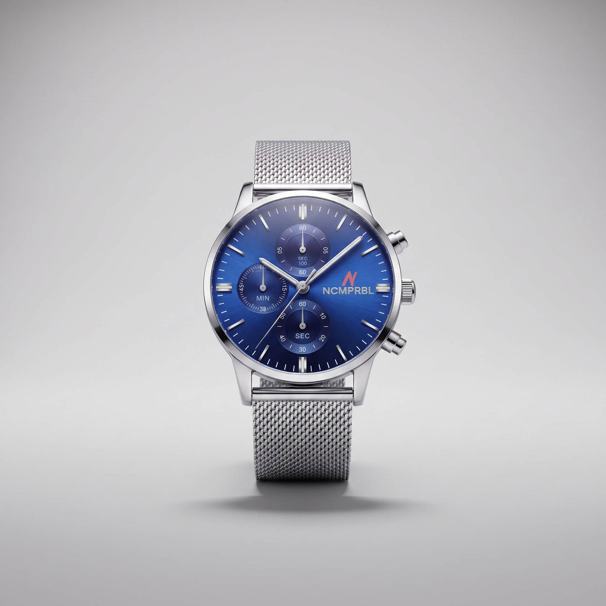 Blue Face Prolific 42 men's silver chrono mesh watch with blue dial and strap, try NCMPRBL virtual try-on