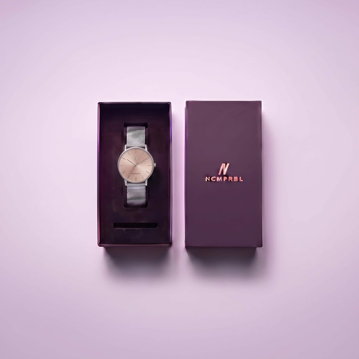 NCMPRBL Advance Rose Clay 36MM watch in its presentation box
