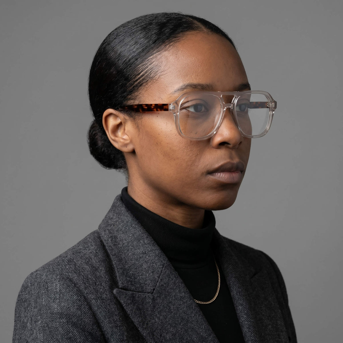 NCMPRBL AXIS 03 53mm Smoke Oak eyeglasses front angle view with virtual try-on in online studio